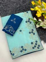 Premium Rangoli Crush Fabric Saree With Beautiful Floral Multi Sequence With Embroidery Work Design in Cyan – view 4