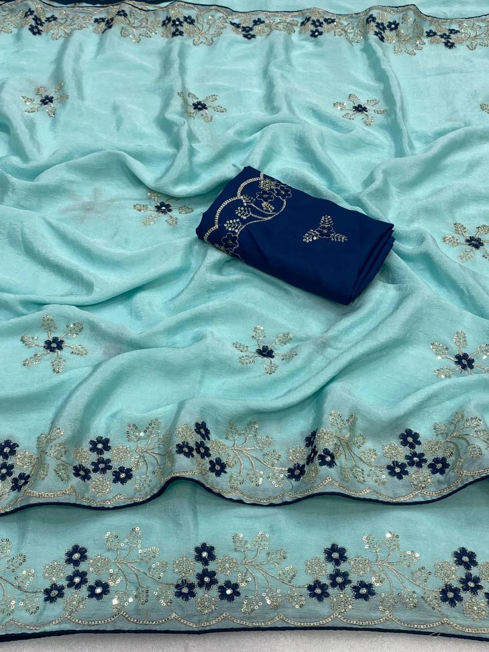 Premium Rangoli Crush Fabric Saree With Beautiful Floral Multi Sequence With Embroidery Work Design in Cyan – view 2