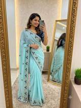 Premium Rangoli Crush Fabric Saree With Beautiful Floral Multi Sequence With Embroidery Work Design in Cyan