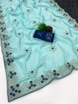 Premium Rangoli Crush Fabric Saree With Beautiful Floral Multi Sequence With Embroidery Work Design in Cyan – view 3