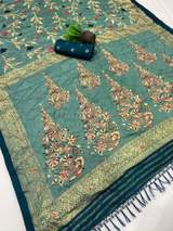 Premium Pure Moss Chiffon Saree With Beautiful Leaf Floral Print With Foil Print in Cyan – view 3