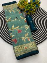 Premium Pure Moss Chiffon Saree With Beautiful Leaf Floral Print With Foil Print in Cyan