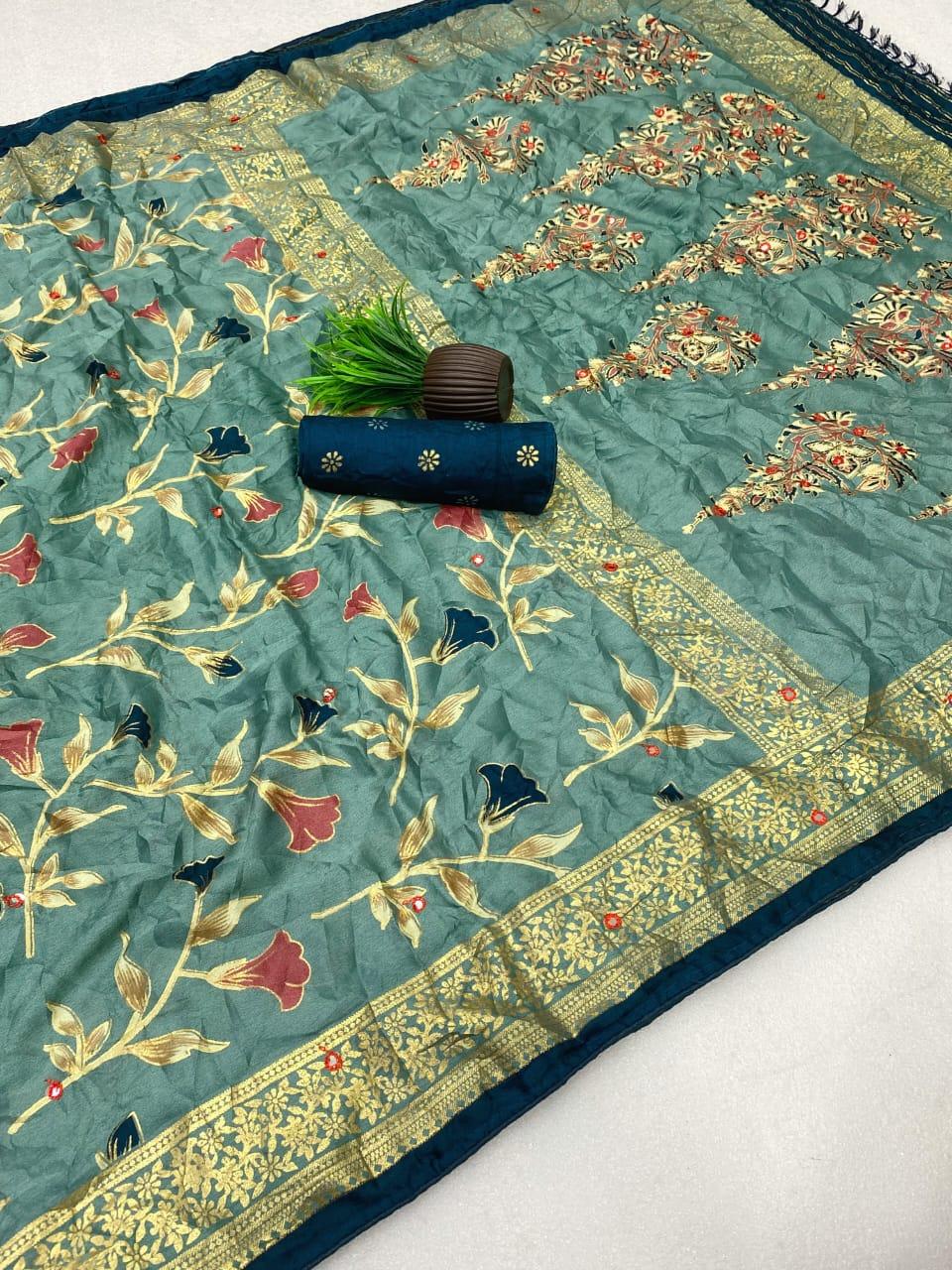 Premium Pure Moss Chiffon Saree With Beautiful Leaf Floral Print With Foil Print in Cyan – view 2