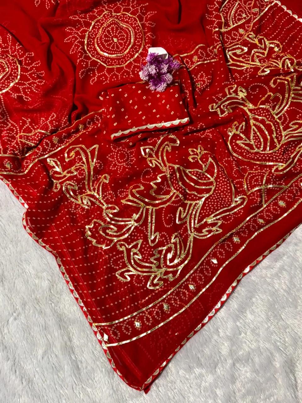 Premium Soft Georgette Bandhani Printed Saree With Beautiful Gotta patti Work in Red