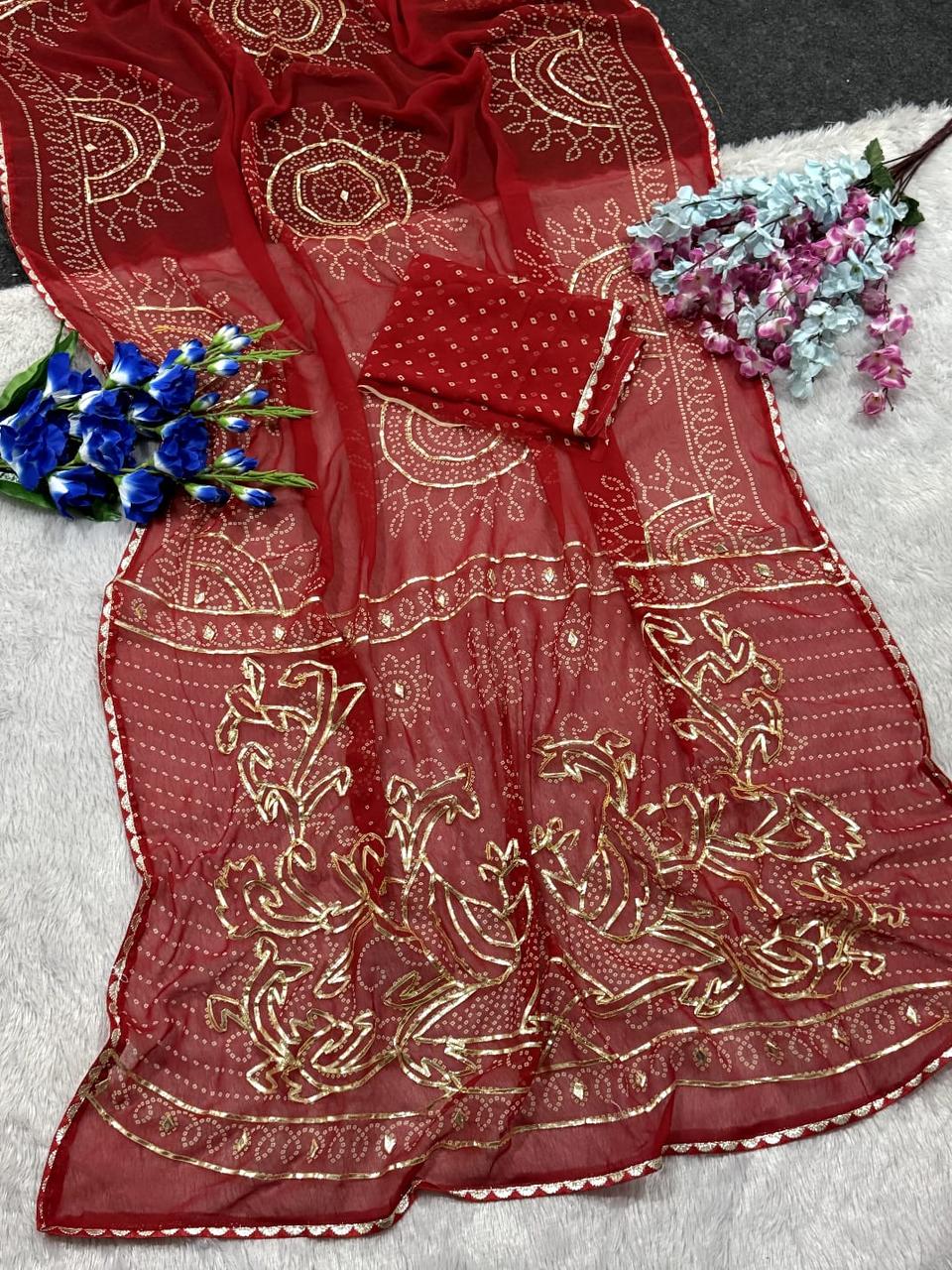 Premium Soft Georgette Bandhani Printed Saree With Beautiful Gotta patti Work in Red – view 2