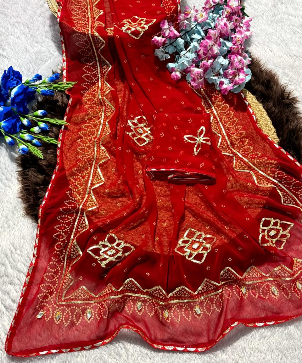 Premium Soft Georgette Bandhani Printed Saree With Beautiful Gotta patti Work in Red – view 2