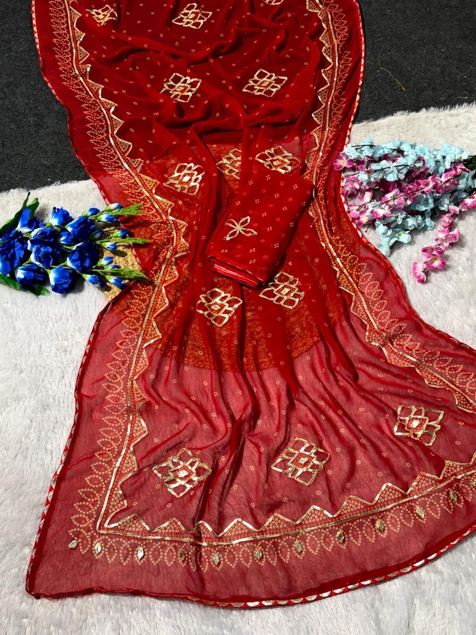 Premium Soft Georgette Bandhani Printed Saree With Beautiful Gotta patti Work in Red