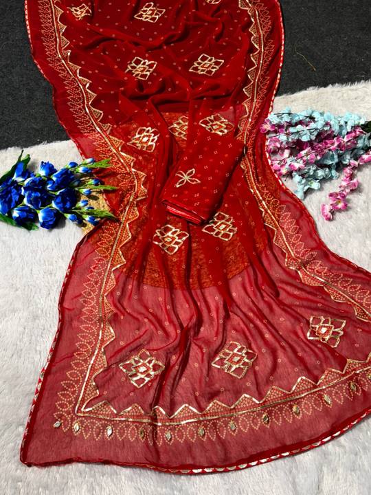 Premium Soft Georgette Bandhani Printed Saree With Beautiful Gotta patti Work in Red