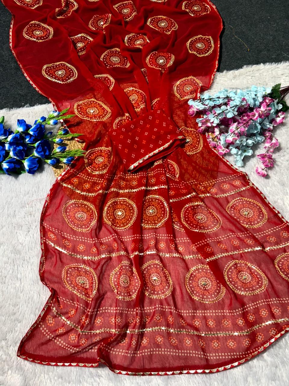 Premium Soft Georgette Bandhani Printed Saree With Beautiful Gotta patti Work in Red – view 2