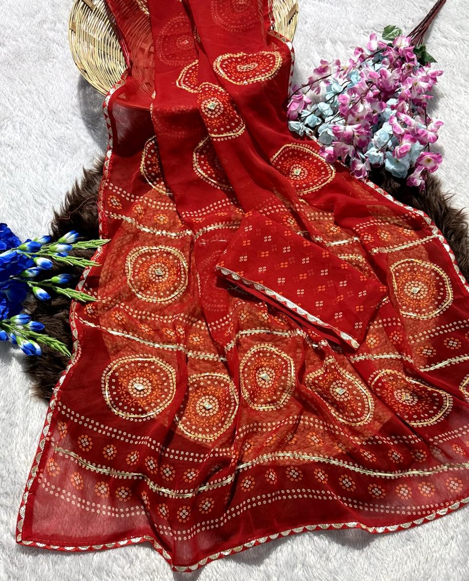 Premium Soft Georgette Bandhani Printed Saree With Beautiful Gotta patti Work in Red