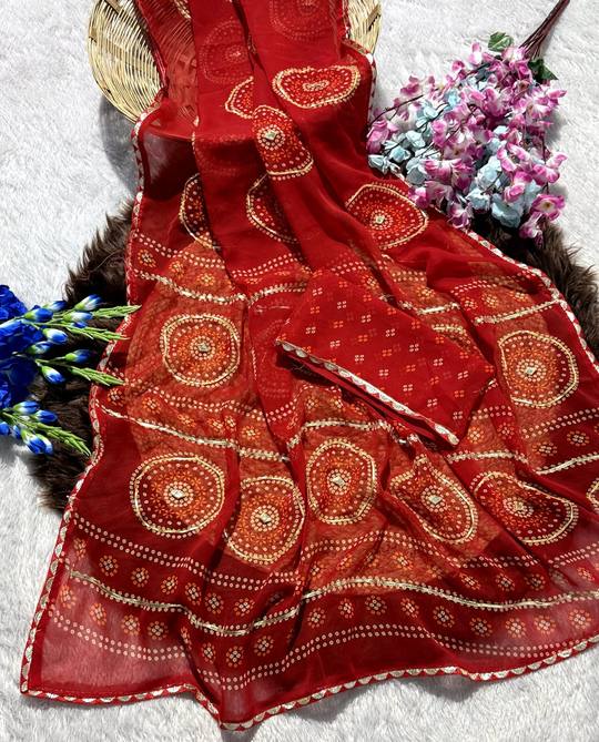 Premium Soft Georgette Bandhani Printed Saree With Beautiful Gotta patti Work in Red