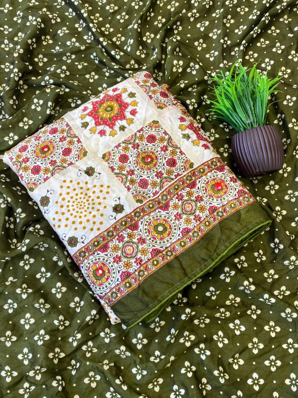 Premium Pure Moss Chiffon Saree With Beautiful Elephant Floral Print With Foil Print in Mehendi