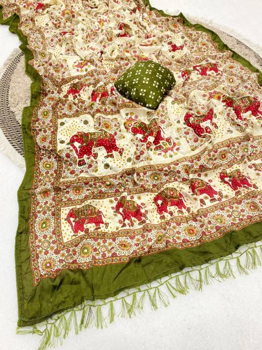 Premium Pure Moss Chiffon Saree With Beautiful Elephant Floral Print With Foil Print in Mehendi