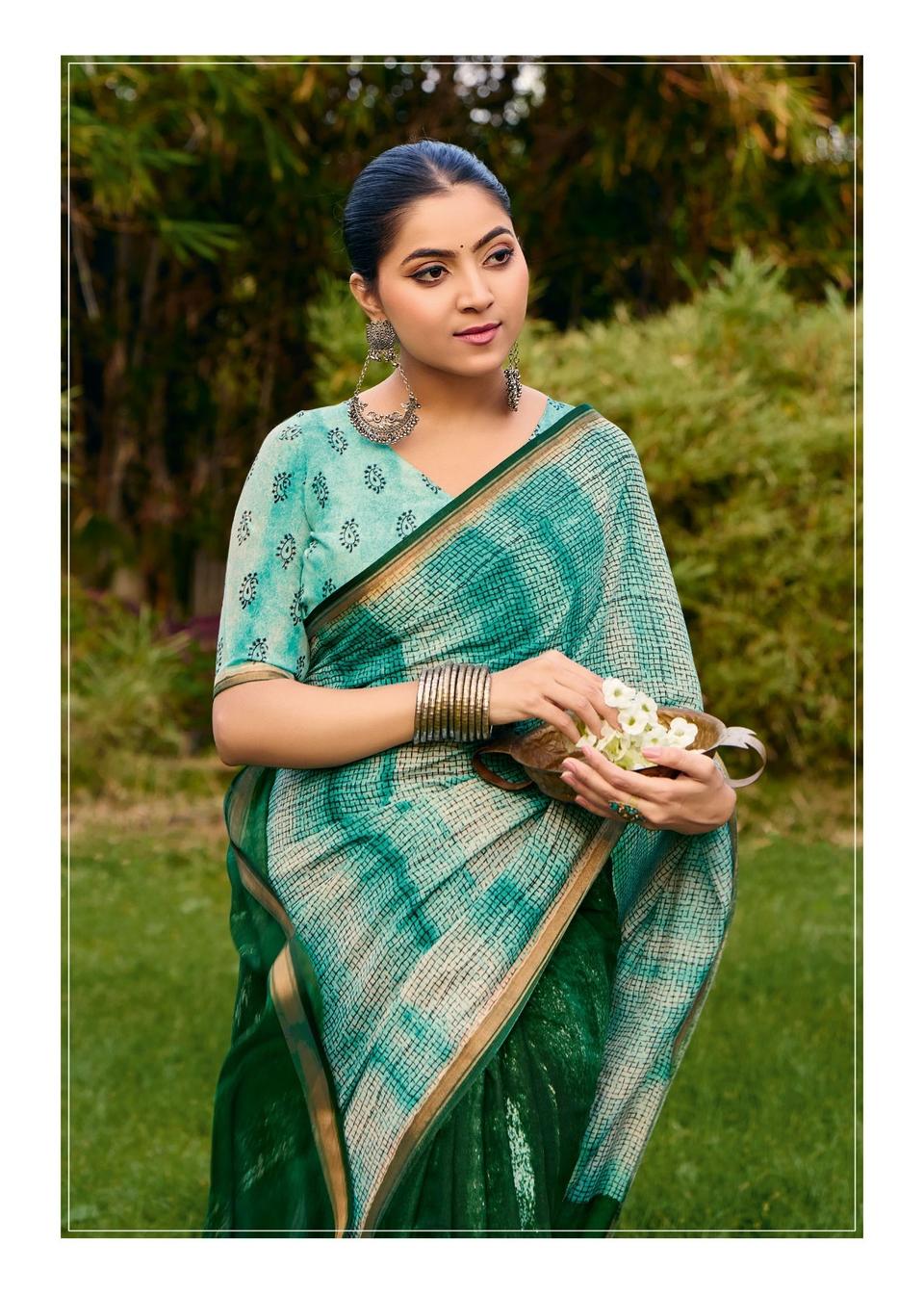 Elegance Premium VISCOS MUL COTTON Fabric Saree With Beautiful Floral Printed Design in Green – view 2