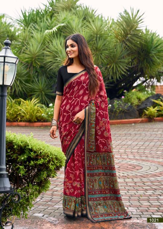 Elegance Premium VISCOS MUL COTTON Fabric Saree With Beautiful Floral Printed Design in Rani