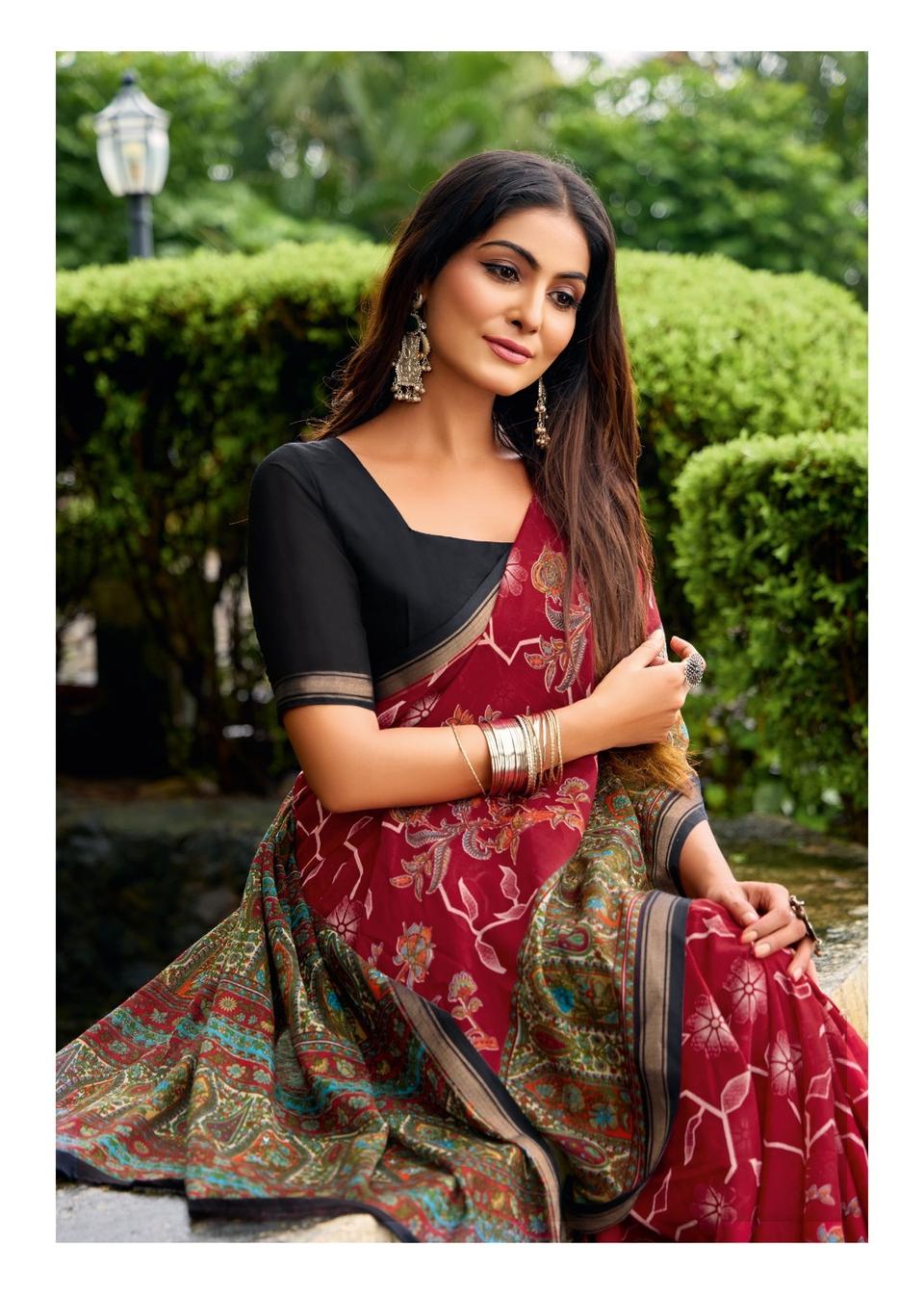 Elegance Premium VISCOS MUL COTTON Fabric Saree With Beautiful Floral Printed Design in Rani – view 2