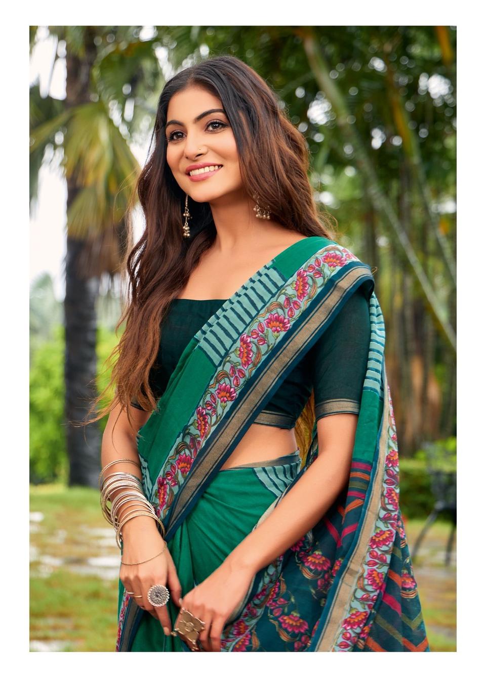 Elegance Premium VISCOS MUL COTTON Fabric Saree With Beautiful Floral Printed Design in Green – view 2