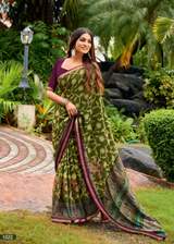 Elegance Premium VISCOS MUL COTTON Fabric Saree With Beautiful Floral Printed Design in Mehendi