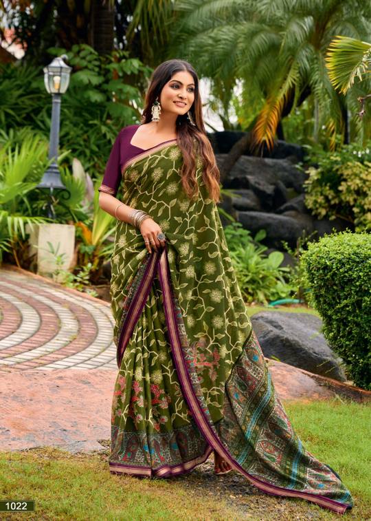 Elegance Premium VISCOS MUL COTTON Fabric Saree With Beautiful Floral Printed Design in Mehendi