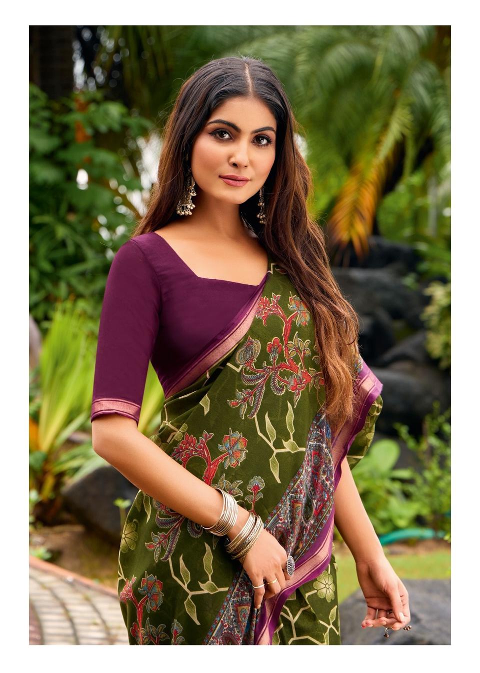 Elegance Premium VISCOS MUL COTTON Fabric Saree With Beautiful Floral Printed Design in Mehendi – view 2