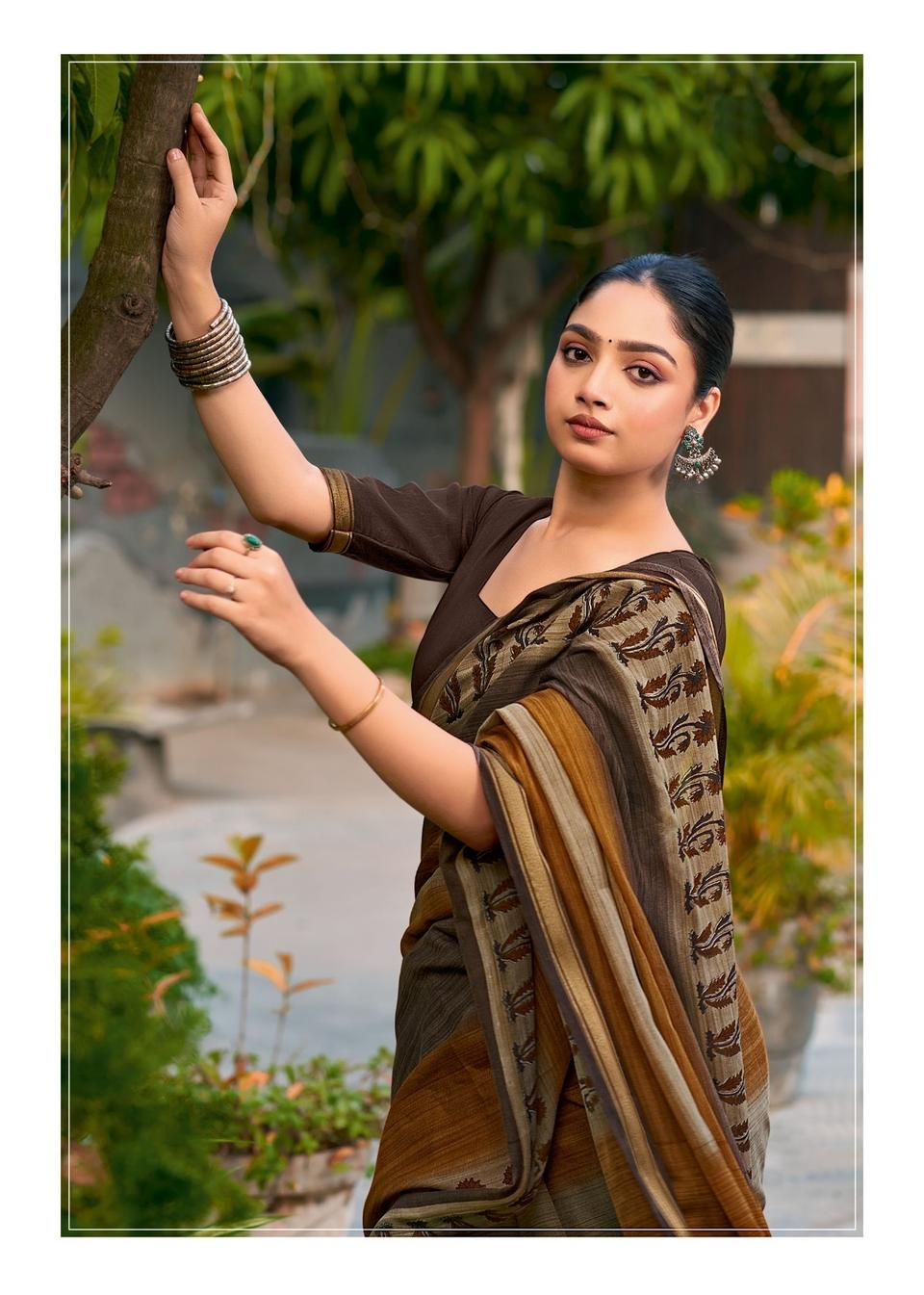 Elegance Premium VISCOS MUL COTTON Fabric Saree With Beautiful Floral Printed Design in Brown – view 2