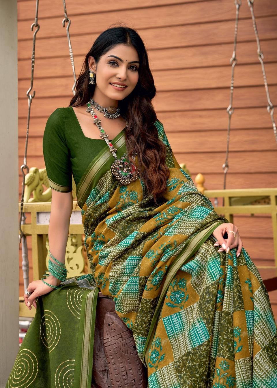 Elegance Premium VISCOS MUL COTTON Fabric Saree With Beautiful Floral Printed Design copy in Mehendi – view 2