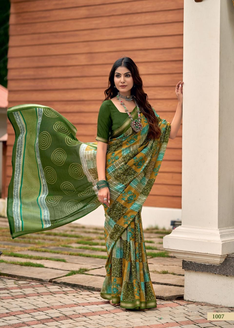 Elegance Premium VISCOS MUL COTTON Fabric Saree With Beautiful Floral Printed Design copy in Mehendi