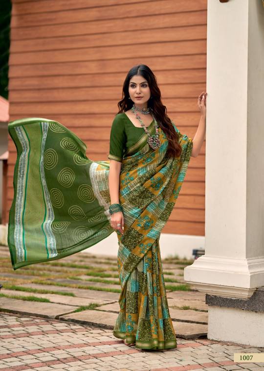 Elegance Premium VISCOS MUL COTTON Fabric Saree With Beautiful Floral Printed Design copy in Mehendi