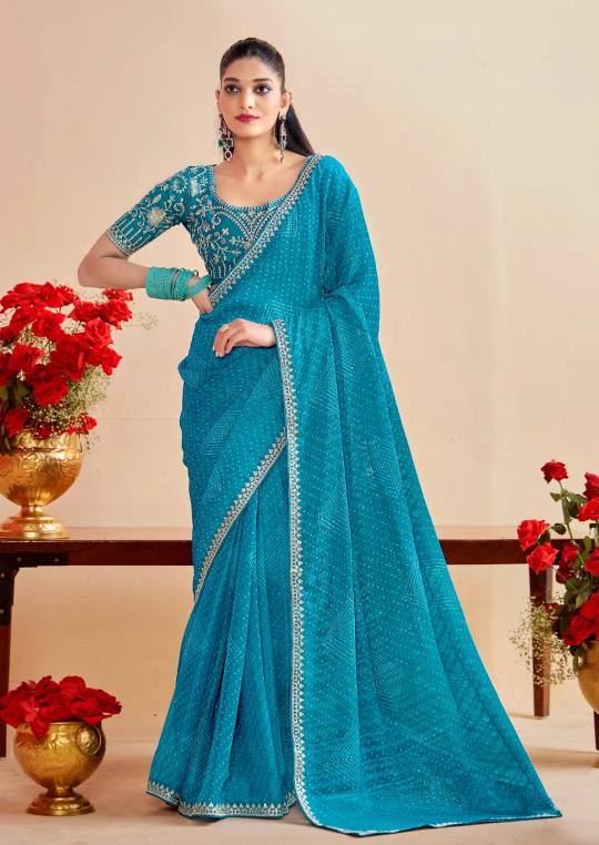 Premium Georgette Fabric Saree With Beautiful Bandhani print in saree And Embroiderya in Cyan