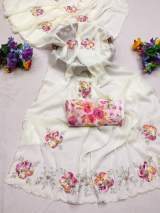 Saree fabric stra georgette with beautiful hand work peach Butta in White – view 2