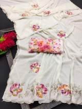 Saree fabric stra georgette with beautiful hand work peach Butta in White