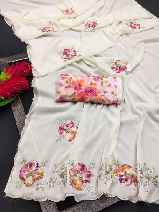 Saree fabric stra georgette with beautiful hand work peach Butta in White