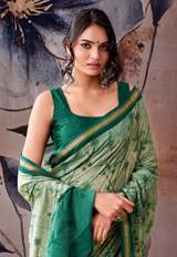 Premium MUL MUL Cotton Saree With Designer Embroidery Work And Beautiful Print in Green – view 3