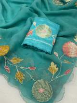 Elegance Premium Rose Gold Fabric Saree With beats, Cut Dana And Original Jarkan Handwork With Floral Patch in Cyan – view 2
