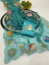 Elegance Premium Rose Gold Fabric Saree With beats, Cut Dana And Original Jarkan Handwork With Floral Patch in Cyan – view 3