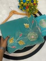 Elegance Premium Rose Gold Fabric Saree With beats, Cut Dana And Original Jarkan Handwork With Floral Patch in Cyan