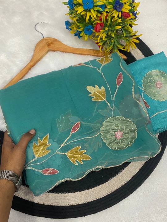 Elegance Premium Rose Gold Fabric Saree With beats, Cut Dana And Original Jarkan Handwork With Floral Patch in Cyan