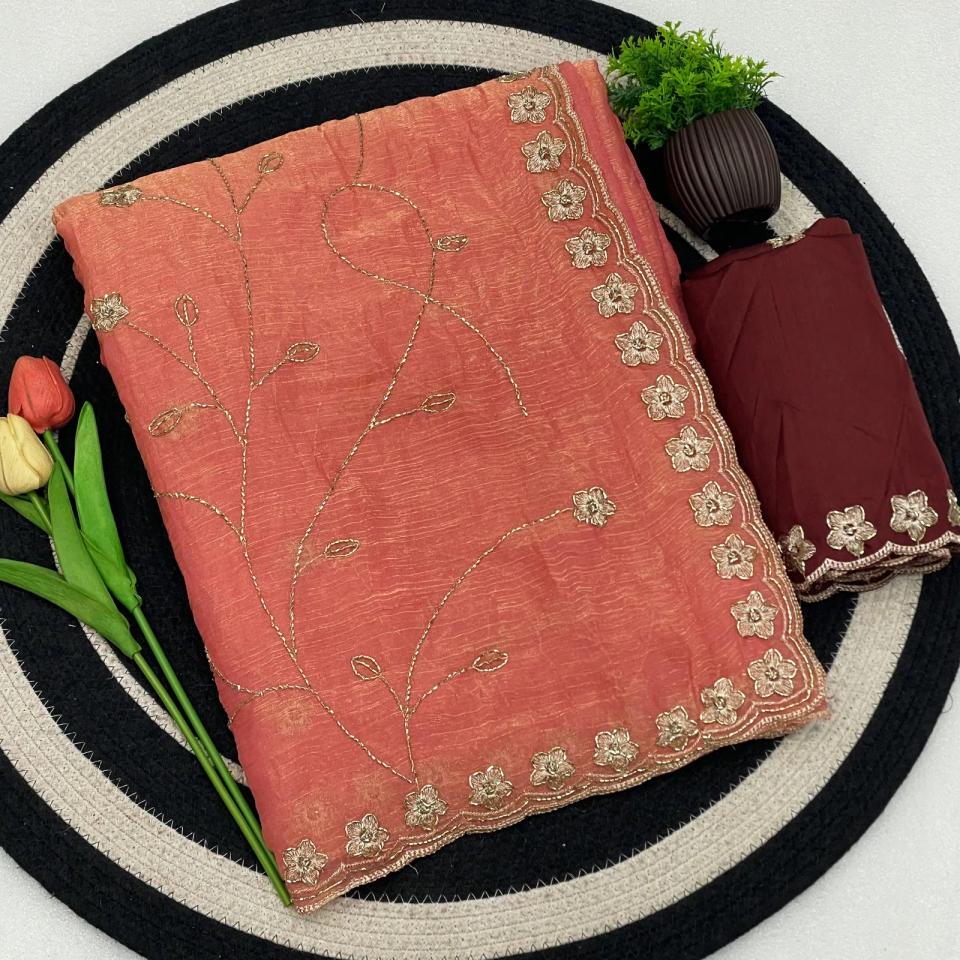 Premium Heavy Fandy Chiffon Saree With Beautiful Floral Zari Embroidery With Sequence And Hand Work Val With C Pallu Designer Border in All Over Saree And Heavy Designer Blouse Piece. in Peach