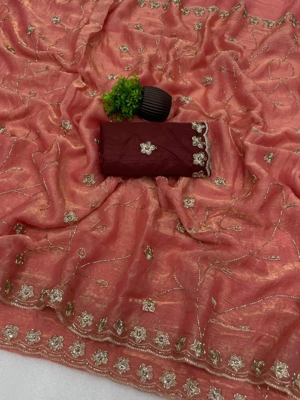 Premium Heavy Fandy Chiffon Saree With Beautiful Floral Zari Embroidery With Sequence And Hand Work Val With C Pallu Designer Border in All Over Saree And Heavy Designer Blouse Piece. in Peach – view 2