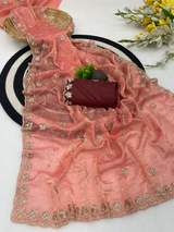 Premium Heavy Fandy Chiffon Saree With Beautiful Floral Zari Embroidery With Sequence And Hand Work Val With C Pallu Designer Border in All Over Saree And Heavy Designer Blouse Piece. in Peach – view 3