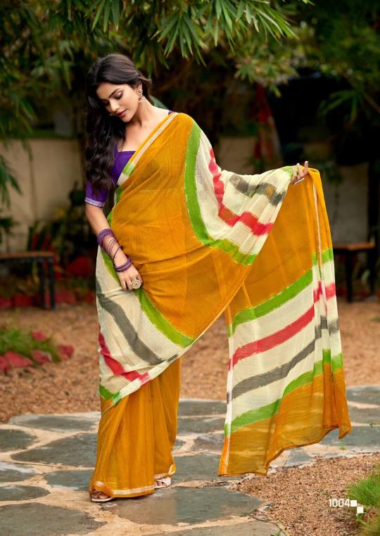 Elegance Premium Chiffon Fabric Saree With BRUSH PRINT And FOIL With Zari Linning Design Saree in Orange