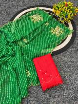 Premium Georgette Fabric Saree With Beautiful Mothda Leheriya Print Design With Beautiful Bead And Gotta Patti in Green