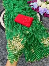 Premium Georgette Fabric Saree With Beautiful Mothda Leheriya Print Design With Beautiful Bead And Gotta Patti in Green – view 2