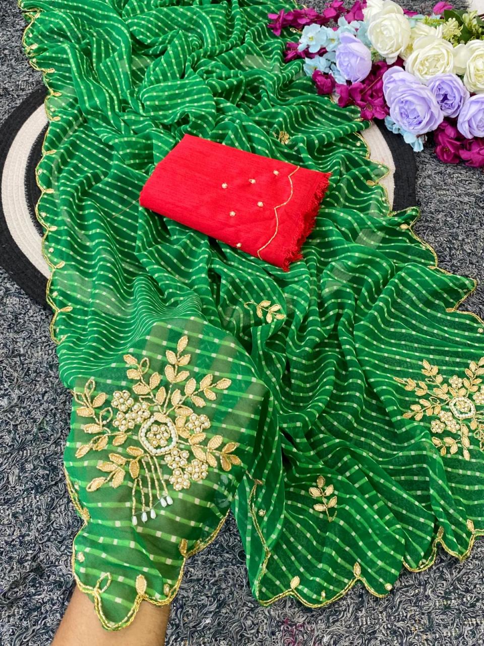 Premium Georgette Fabric Saree With Beautiful Mothda Leheriya Print Design With Beautiful Bead And Gotta Patti in Green – view 2