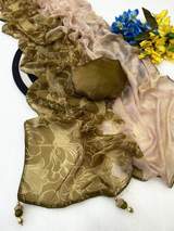 Premium fendi satin With Beautiful degitel print Designer Saree With Two tone Color With Contrast Designer Blouse Piece. in Mehendi – view 2