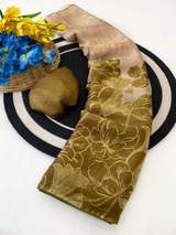 Premium fendi satin With Beautiful degitel print Designer Saree With Two tone Color With Contrast Designer Blouse Piece. in Mehendi – view 3