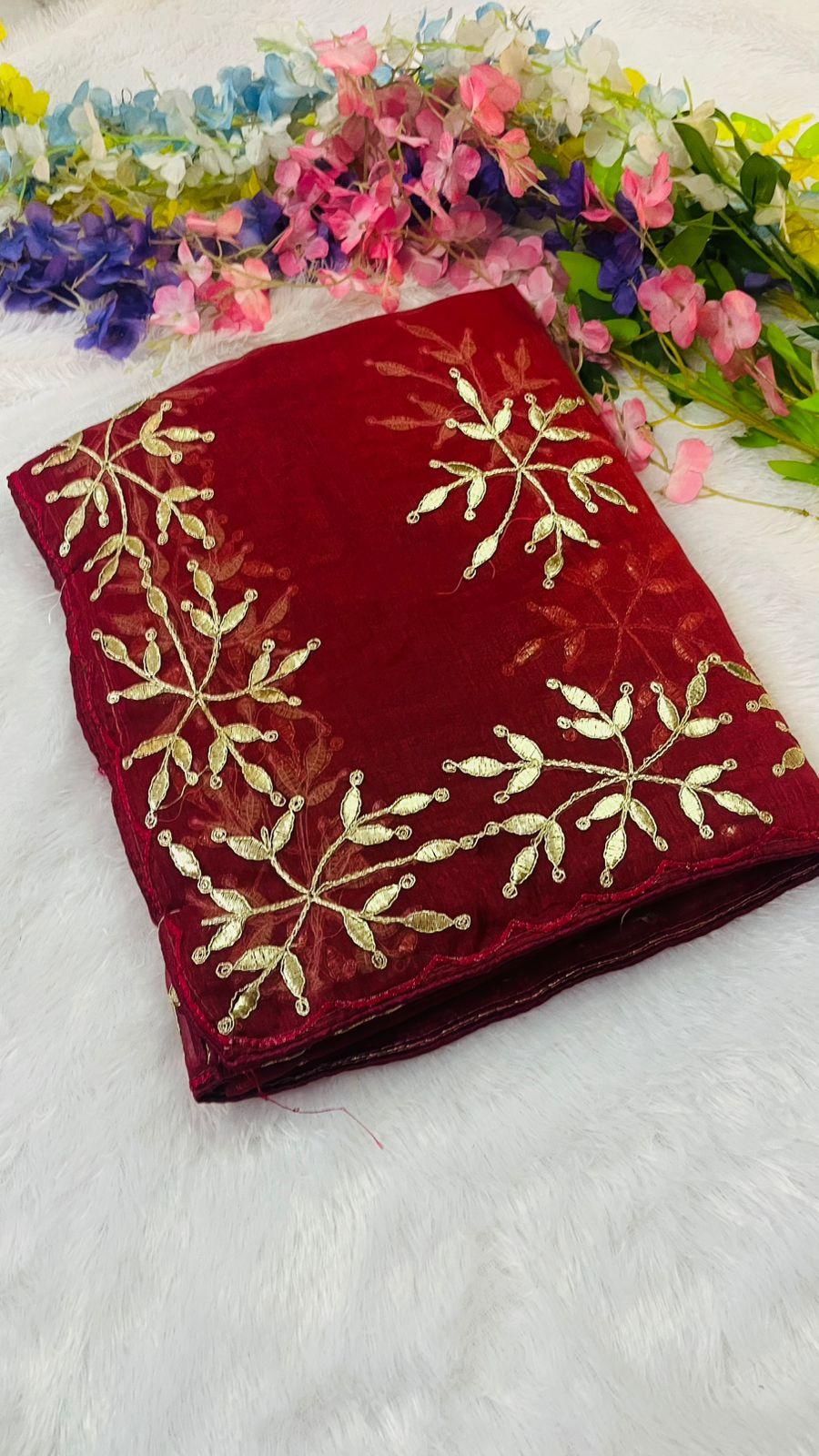 Premium New Silk Saree With Beautiful Floral Pitta Foil Gotta Work in All over saree With Pitta in Red – view 2