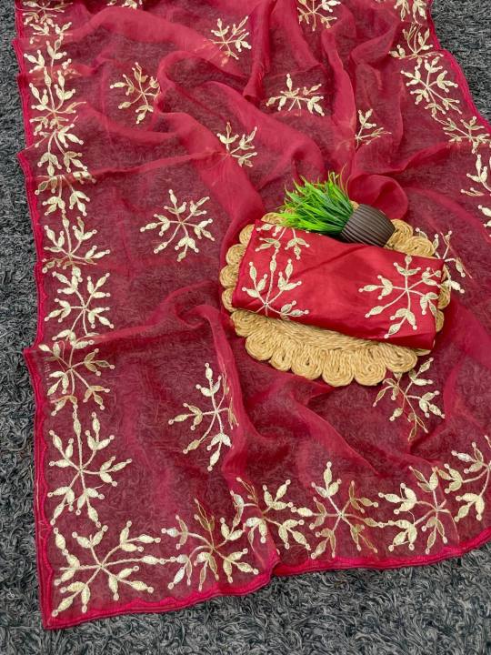 Premium New Silk Saree With Beautiful Floral Pitta Foil Gotta Work in All over saree With Pitta in Red
