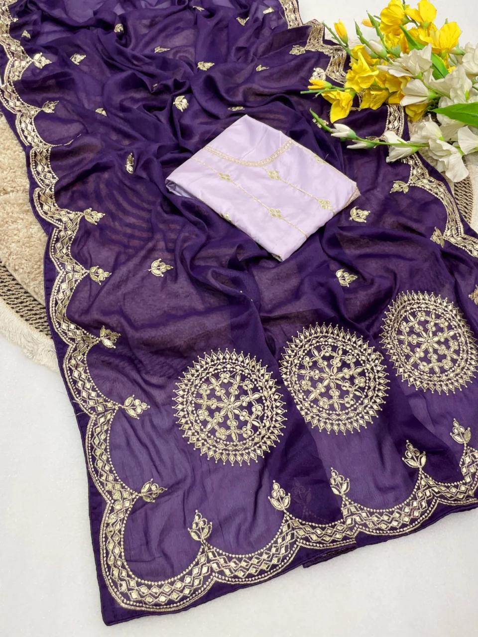 Premium Star Georgette Saree With Beautiful Floral Pitta Foil Gotta Work in All over saree With Pitta in Blue