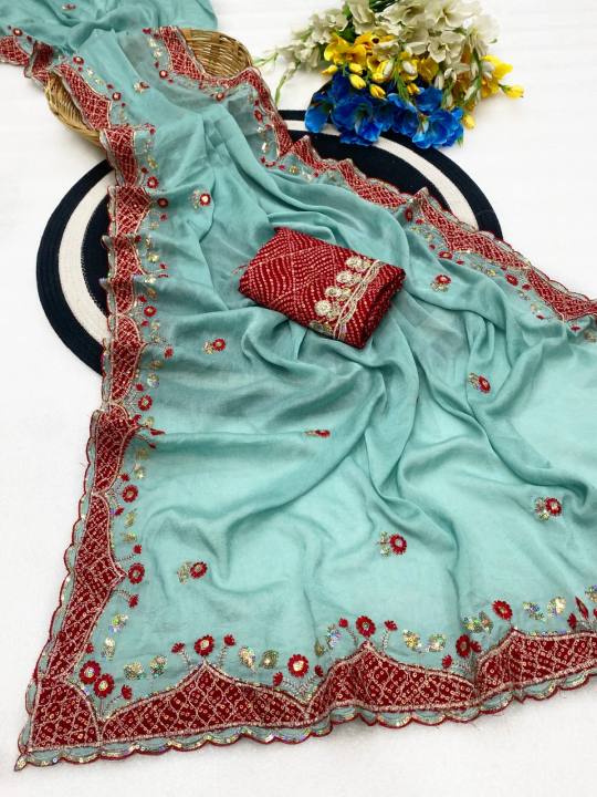 Elegance Premium Rangoli Crush Fabric Saree. Zari Embroidery Work With Sequence Work Designer Saree. in Cyan